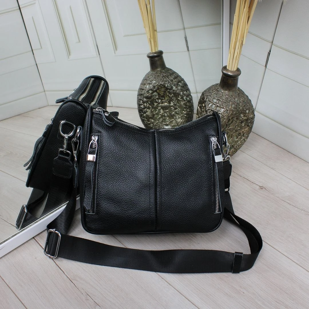 Жіноча чорна сумка крос-боді з натуральної шкіри з багатьма кишенями