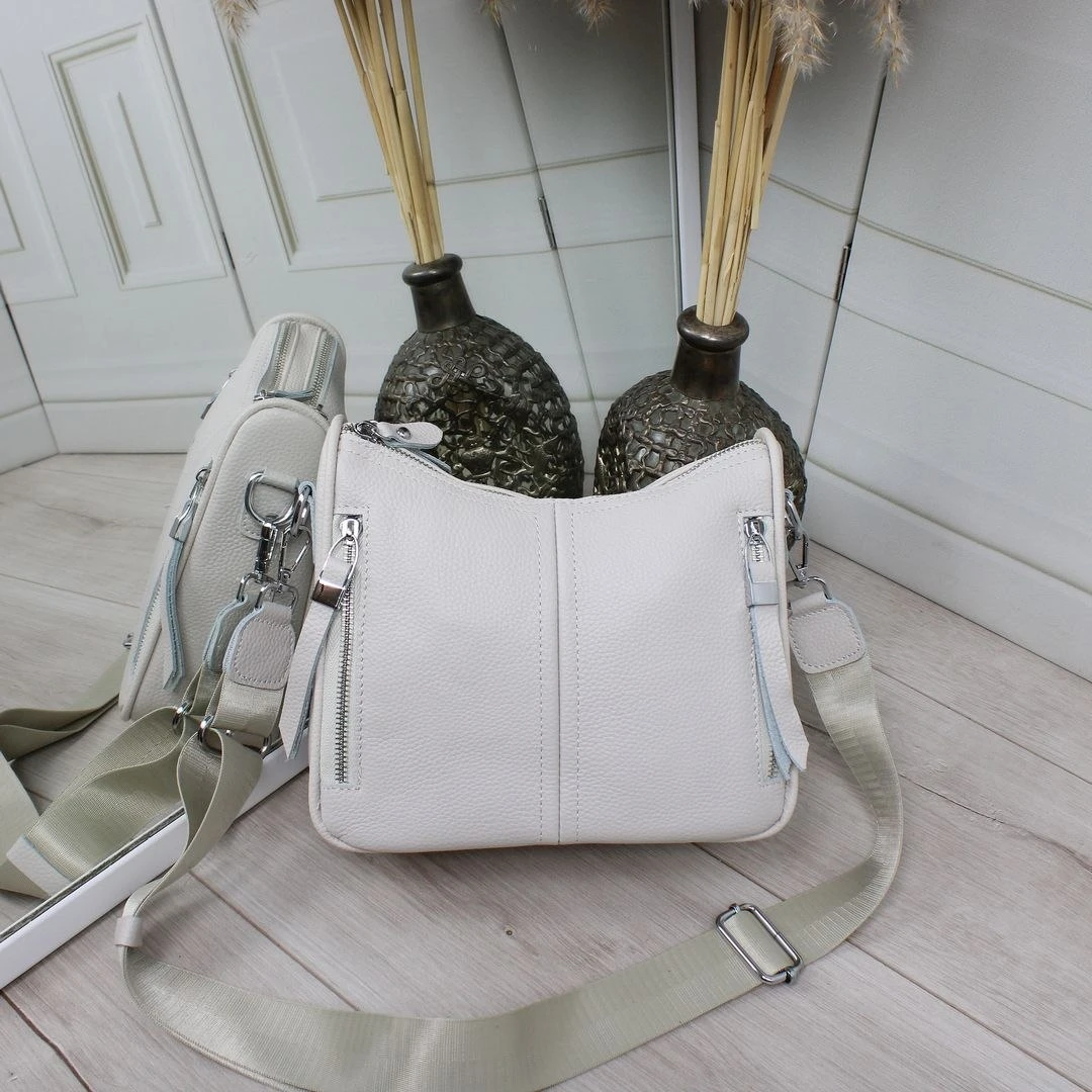 Жіноча молочна сумка через плече крос-боді з натуральної шкіри