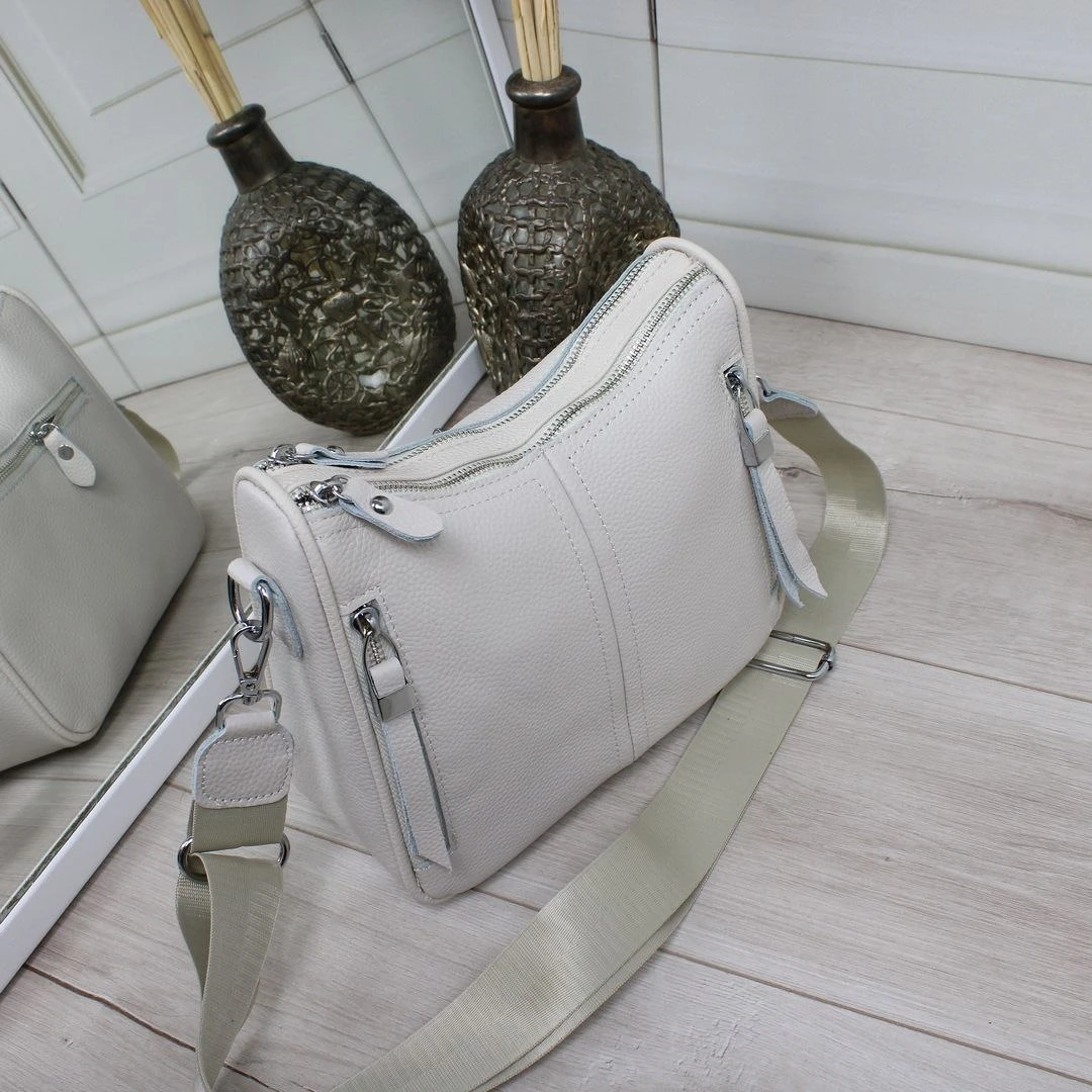 Жіноча молочна сумка через плече крос-боді з натуральної шкіри