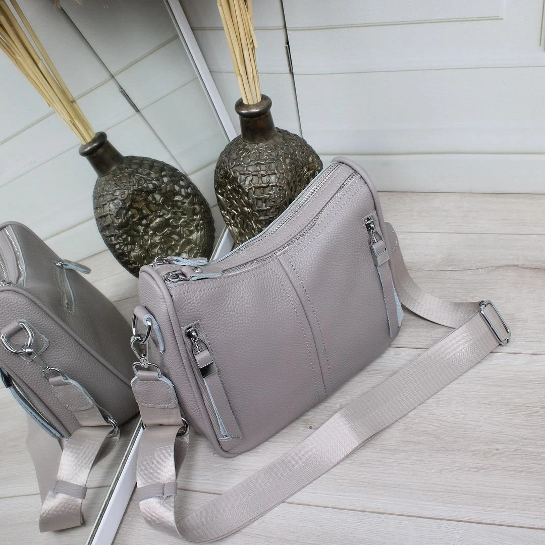 Жіноча сіро-лілова сумка через плече крос-боді з натуральної шкіри