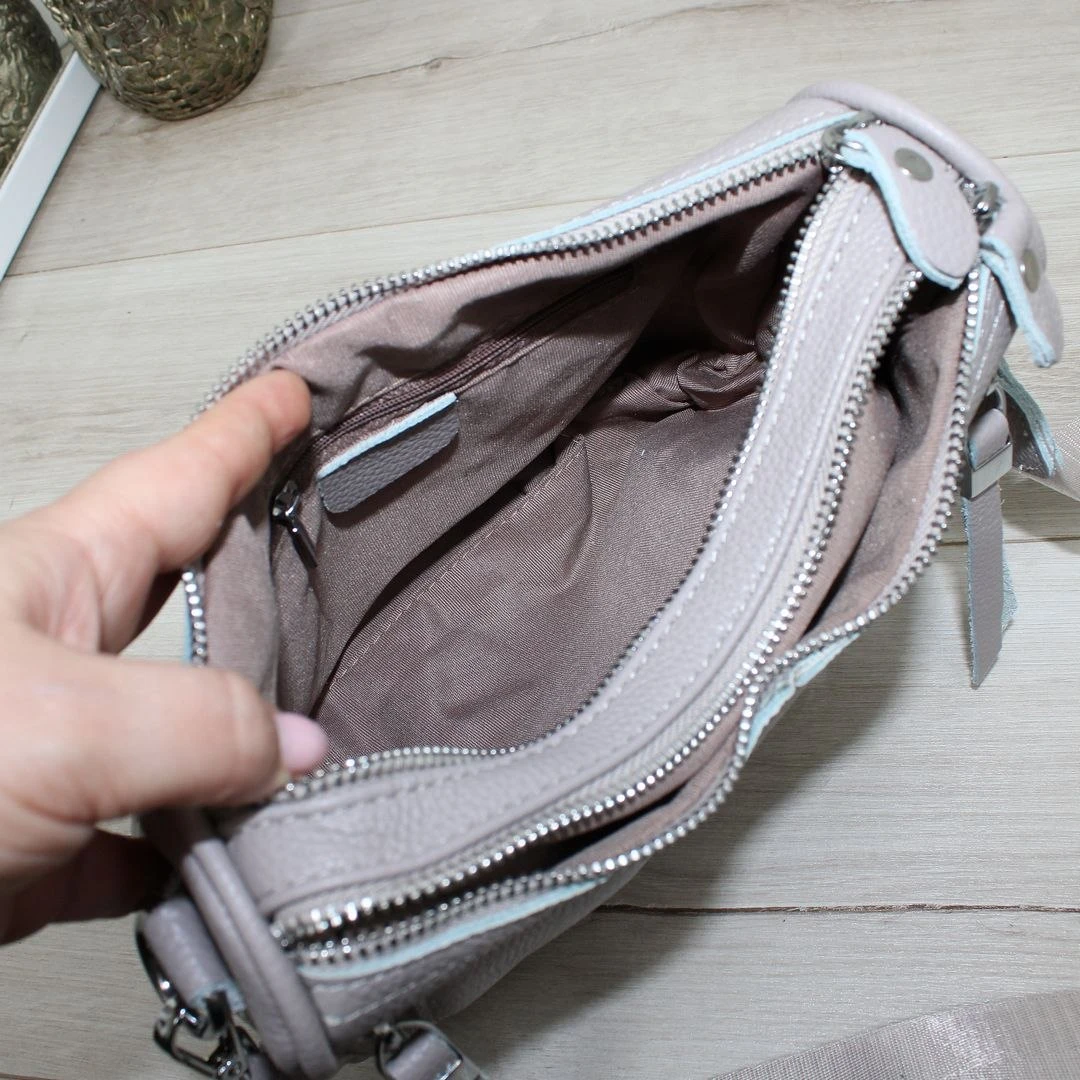 Жіноча сіро-лілова сумка через плече крос-боді з натуральної шкіри