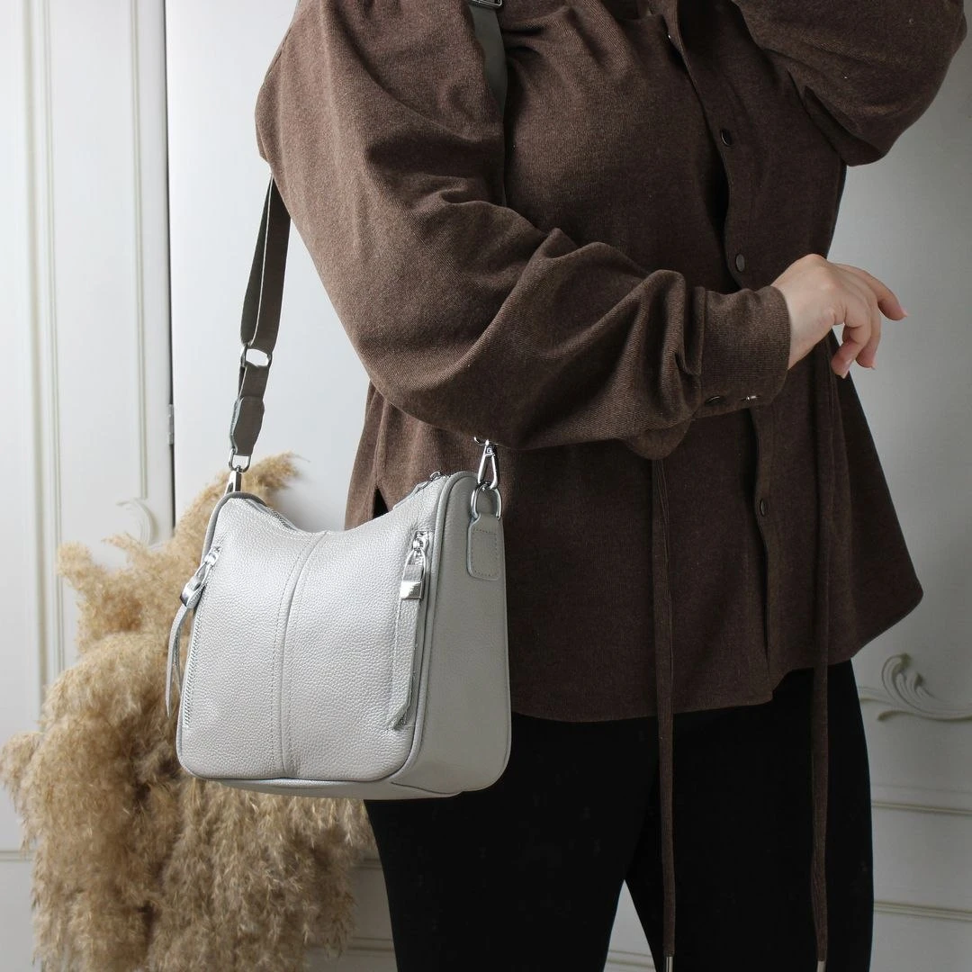 Жіноча сіра сумка через плече з натуральної шкіри крос-боді