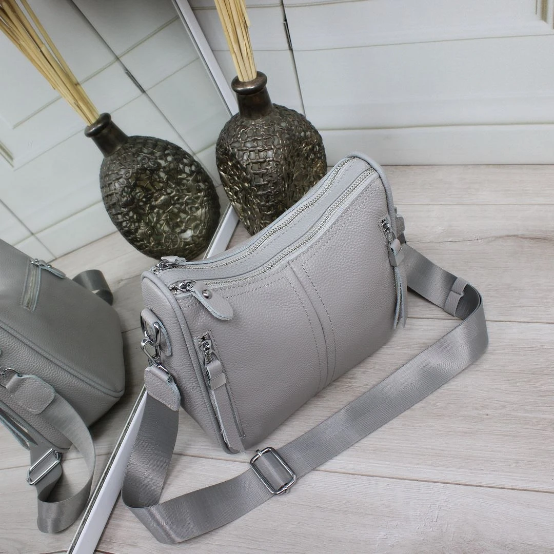 Жіноча сіра сумка через плече з натуральної шкіри крос-боді