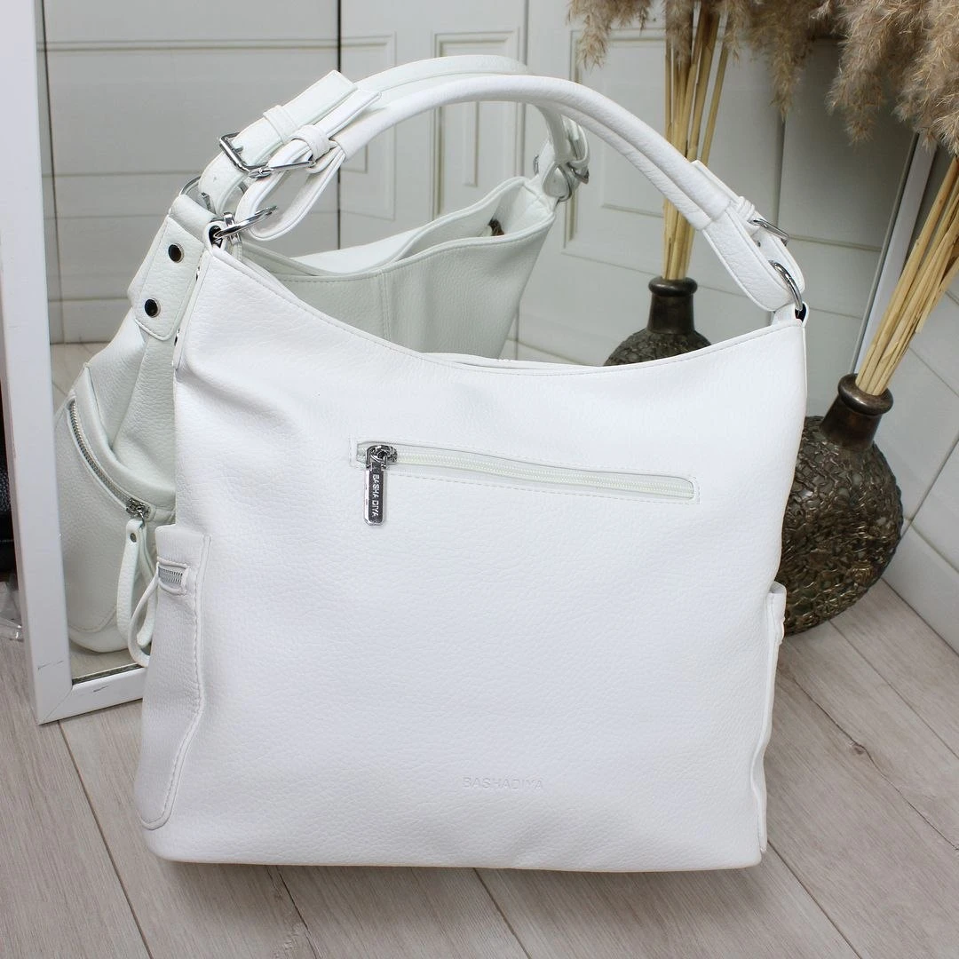 Біла жіноча велика сумка-мішок з екошкіри для документів А4