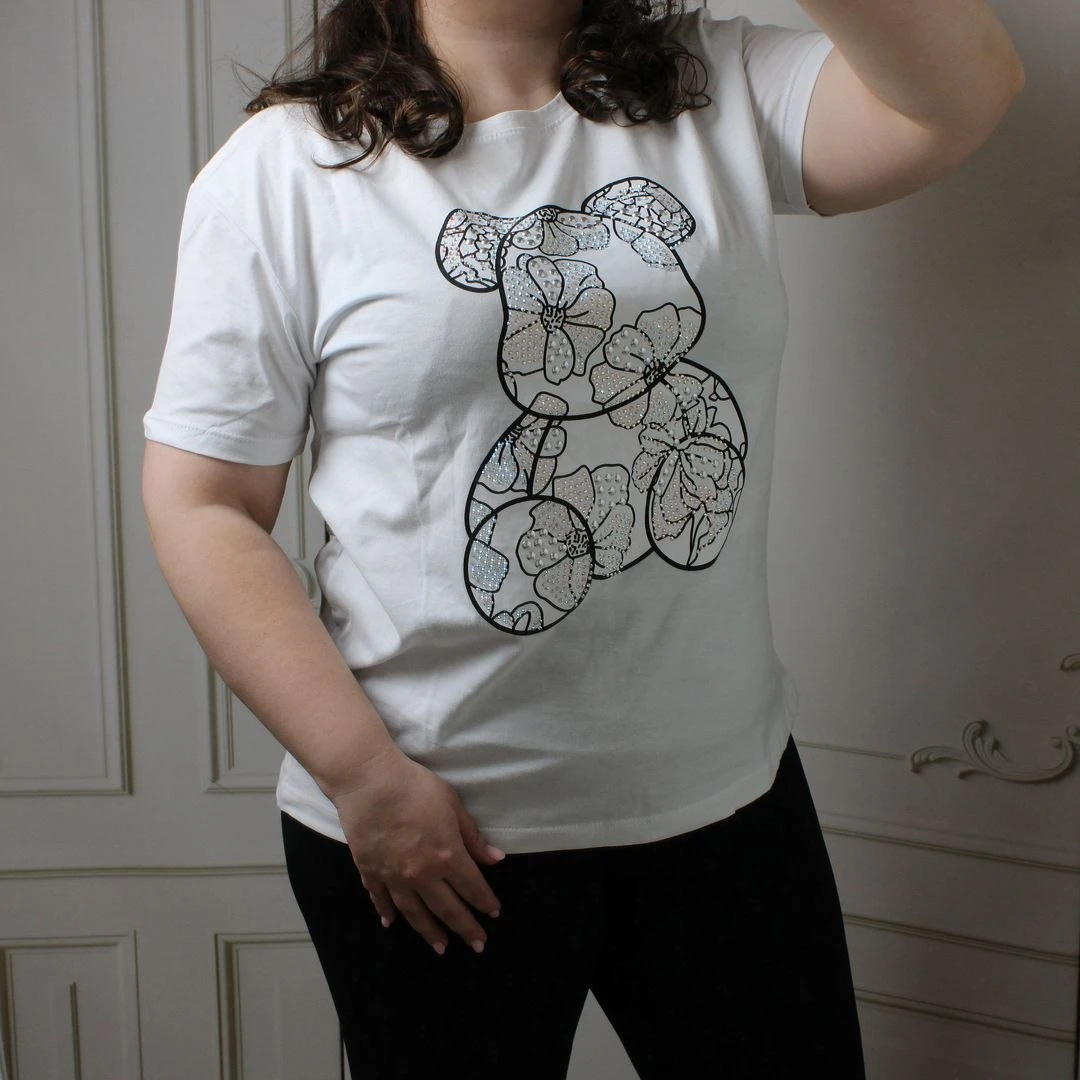 Біла жіноча футболка з принтом Teddy Bear та стразами (100% котон, Туреччина)