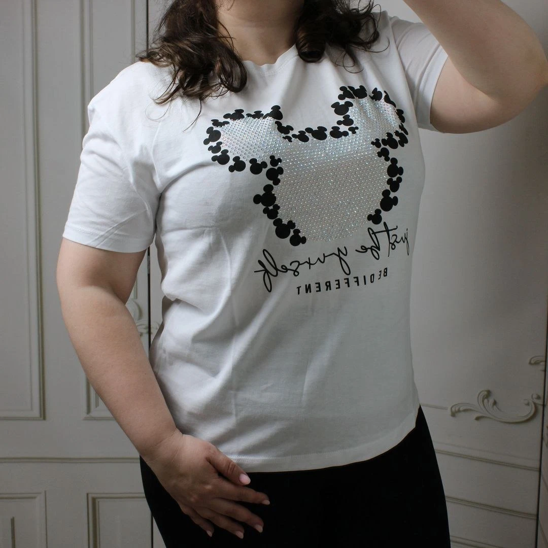 Біла жіноча футболка з принтом Mickey та блискучими стразами (100% котон, Туреччина)