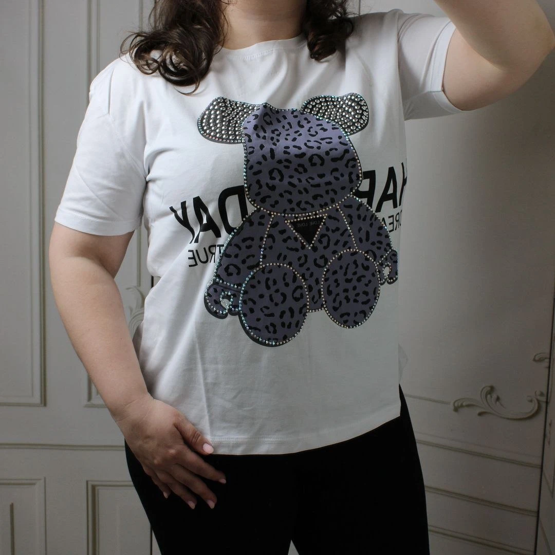 Біла жіноча футболка з леопардовим ведмедиком Teddy та стразами (100% котон, Туреччина)