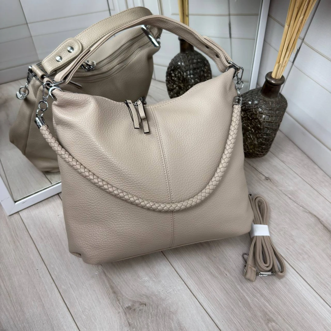 Бежева жіноча сумка-мішок А4 з екошкіри з трьома варіантами ручок