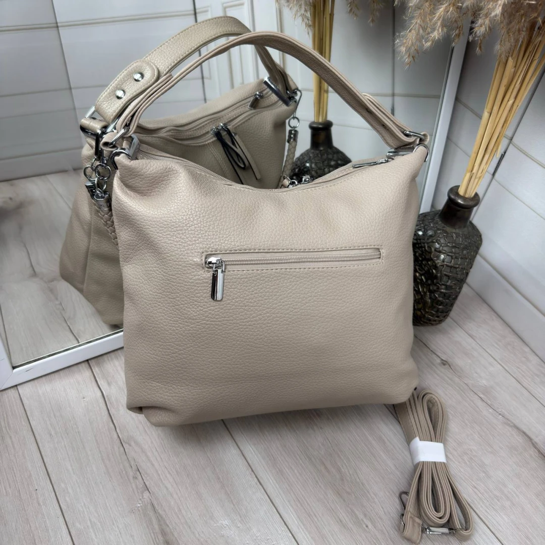 Бежева жіноча сумка-мішок А4 з екошкіри з трьома варіантами ручок