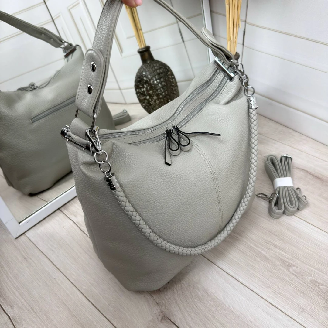 Сіра жіноча сумка-мішок А4 через плече з якісної екошкіри