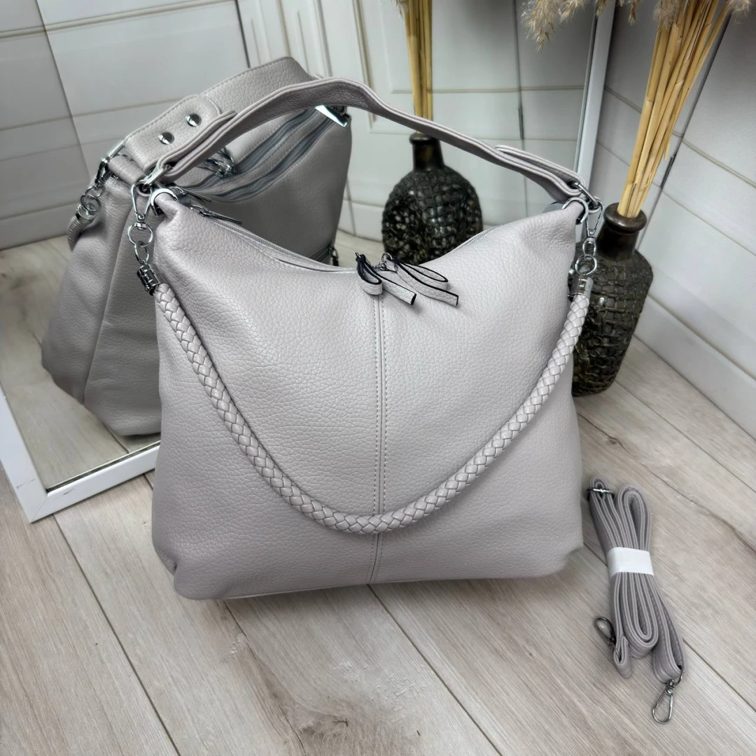 Сіро-лілова жіноча сумка-мішок А4 з екошкіри — унікальний відтінок