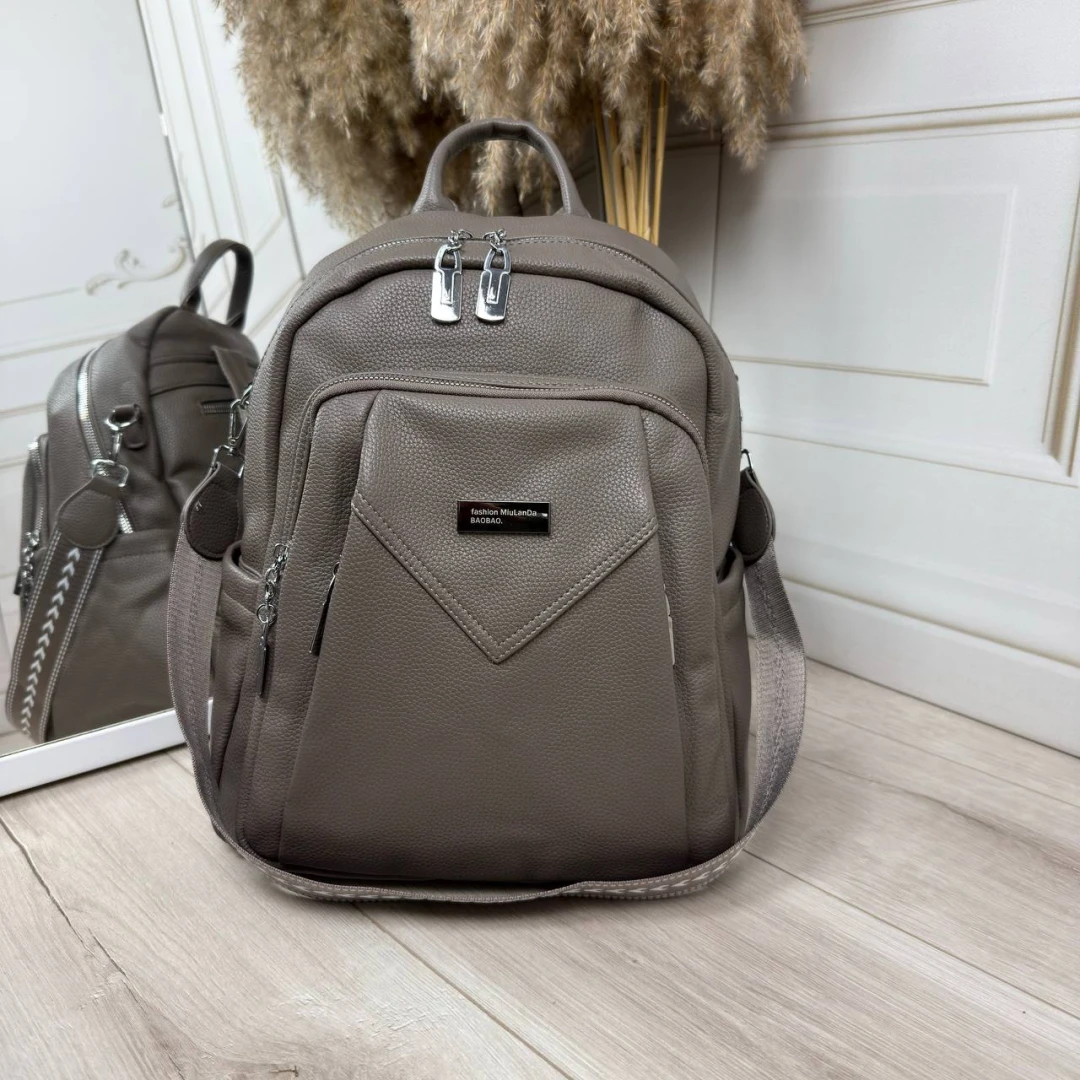 Коричнева жіноча сумка-рюкзак А4 із екошкіри з текстильним ременем