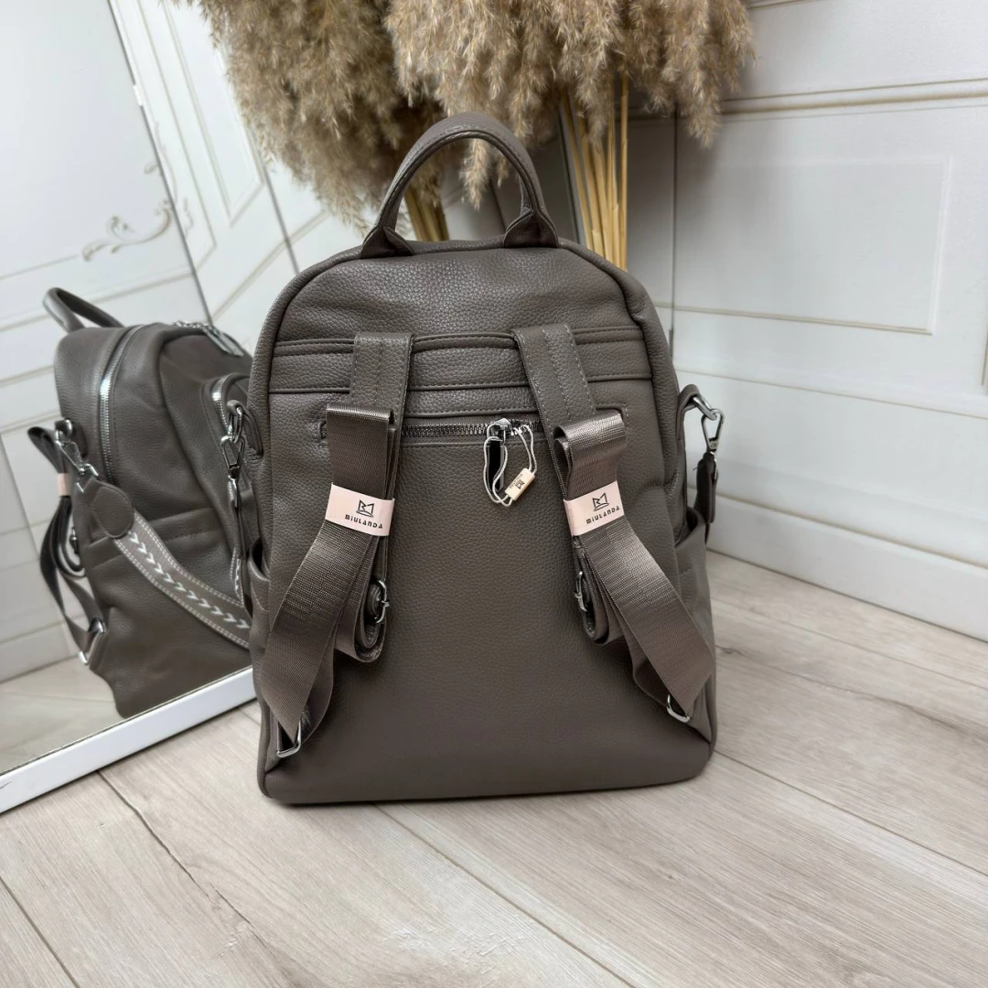 Коричнева жіноча сумка-рюкзак А4 із екошкіри з текстильним ременем