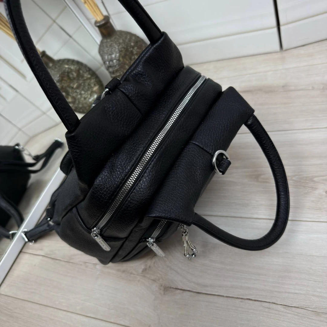 Чорна жіноча сумка-рюкзак із екошкіри трансформер на блискавці