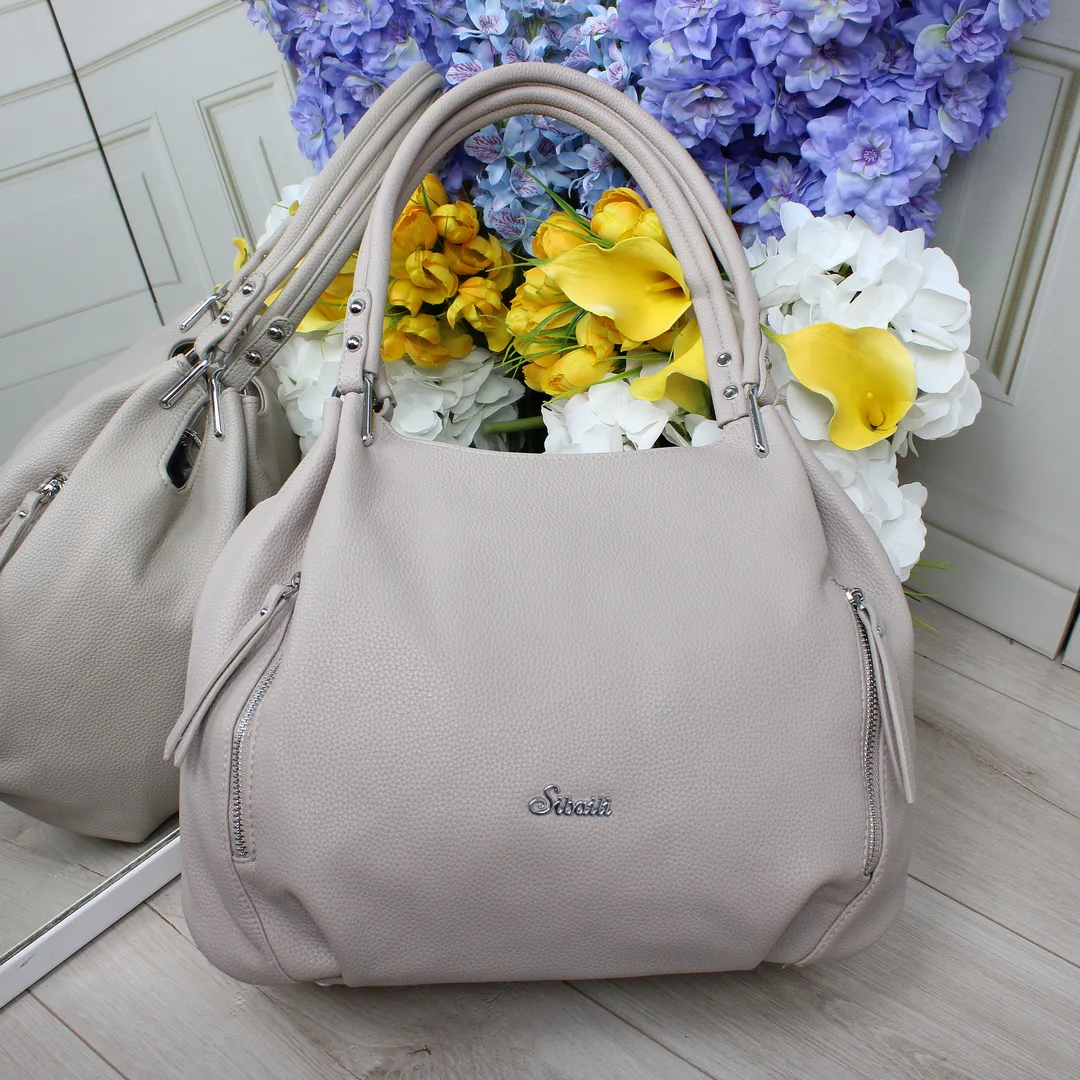 Універсальна сумка-мішок сіро-бежова з еко-шкіри для мінімалізму