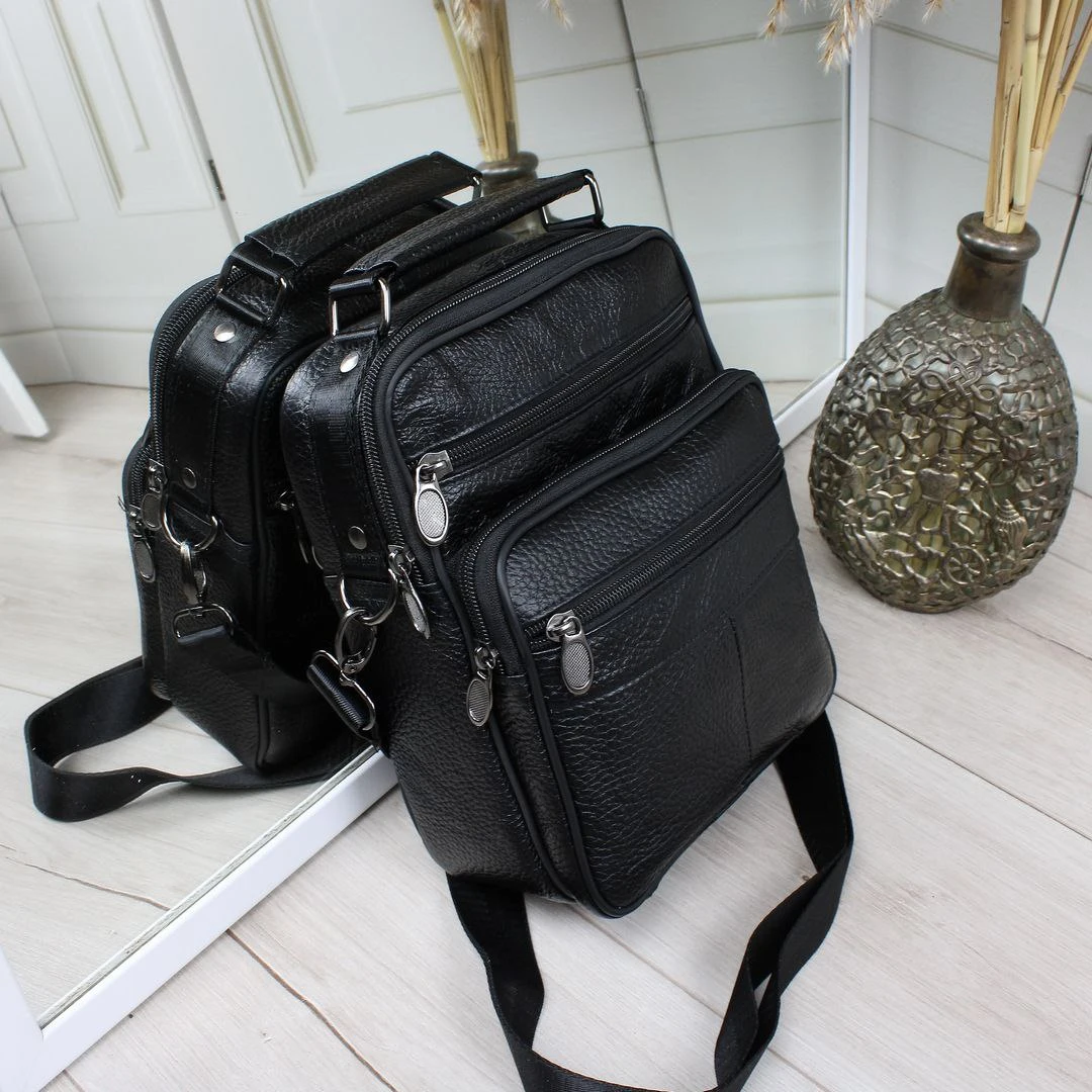 Чоловіча сумка через плече для бізнесу чорна з натуральної шкіри