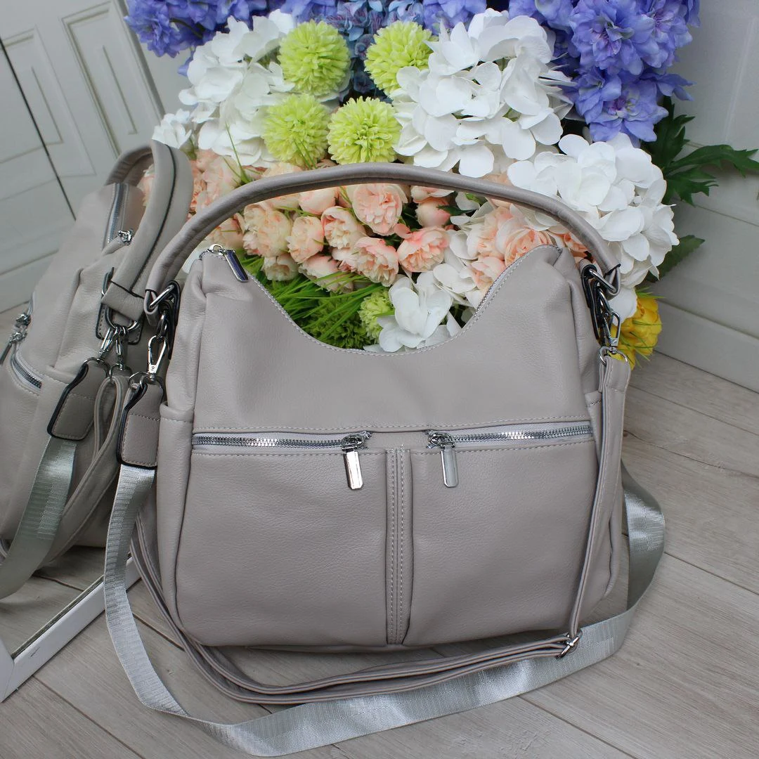 Сумка-мішок сіро-бежева універсальна з еко-шкіри