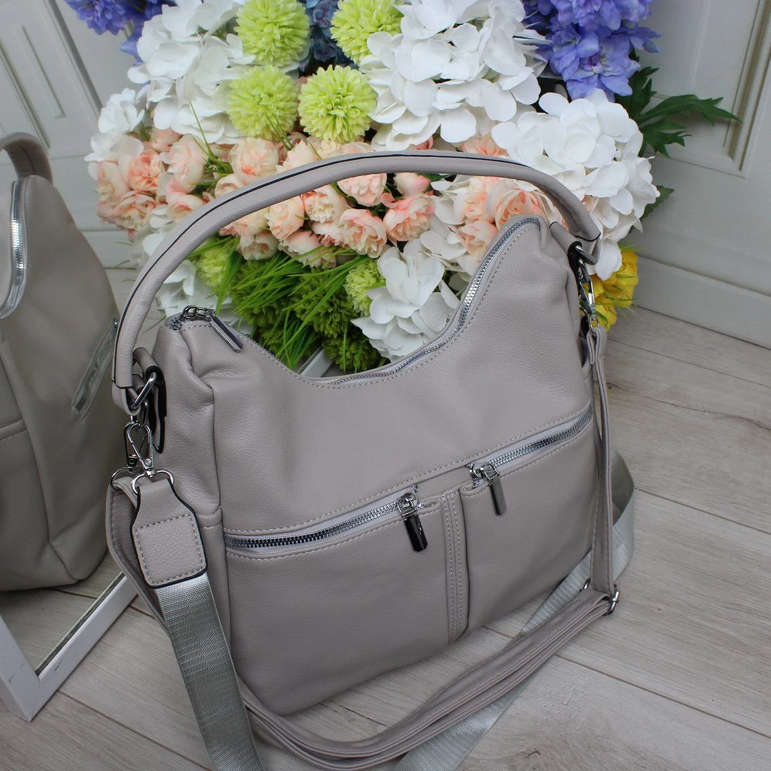 Сумка-мішок сіро-бежева універсальна з еко-шкіри