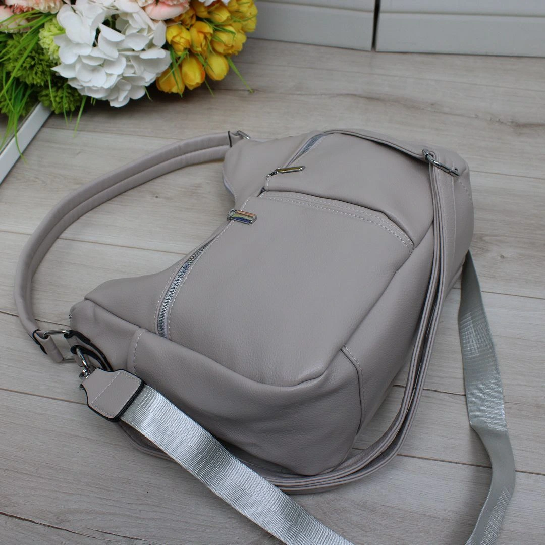 Сумка-мішок сіро-бежева універсальна з еко-шкіри