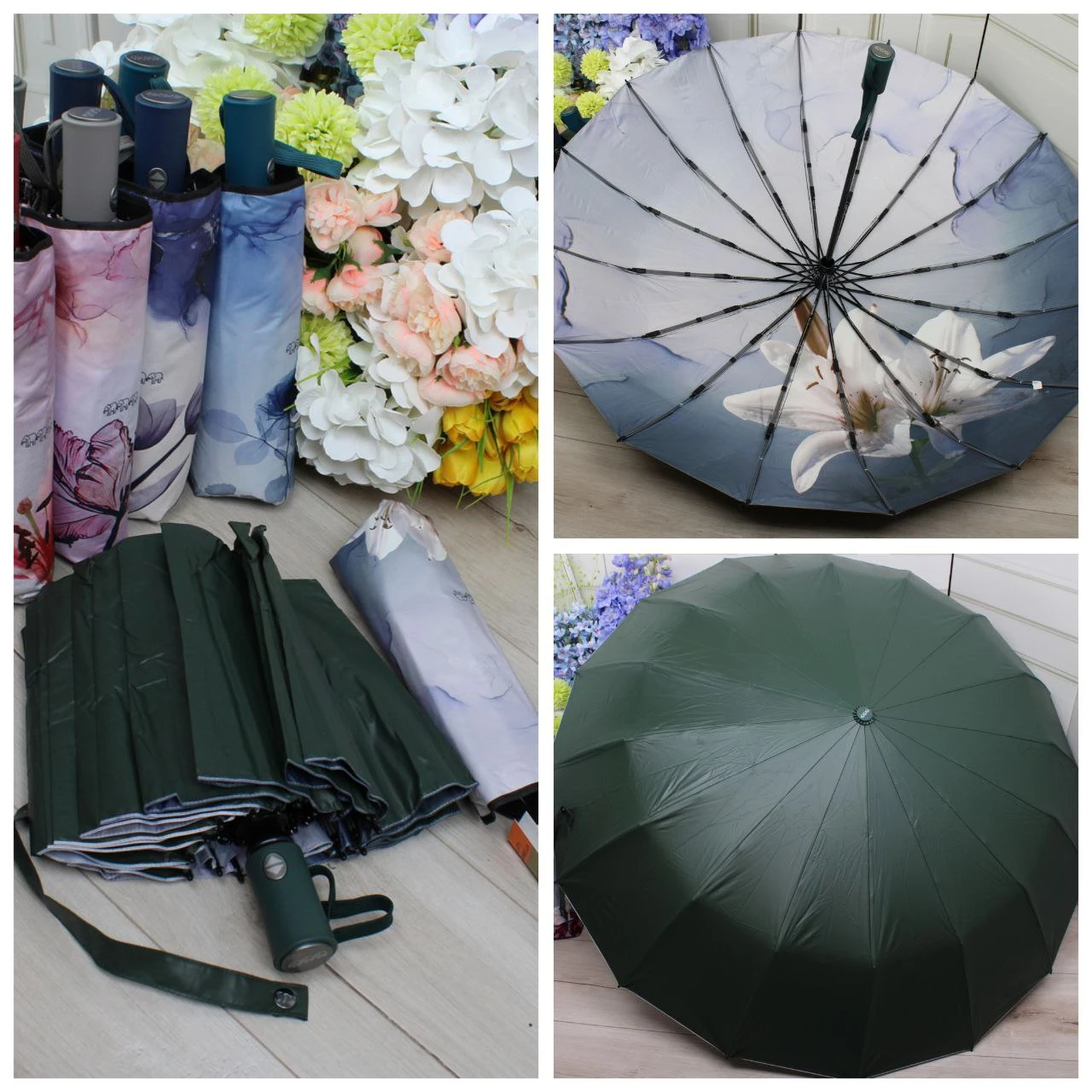 Зелена парасолька-автомат на 16 спиць | Для впевненості в місті