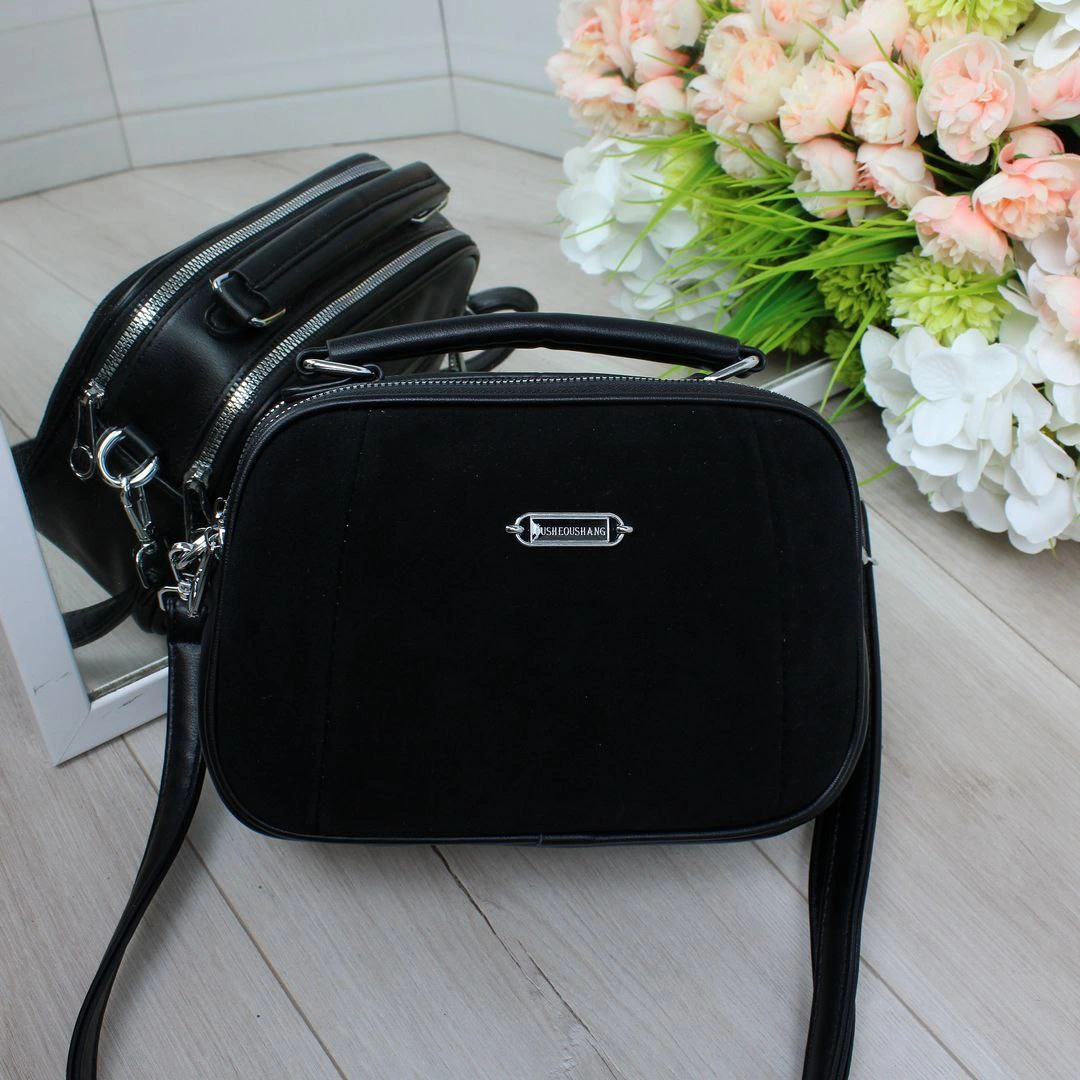 Жіноча сумка через плече з натуральної замші та еко-шкіри чорна