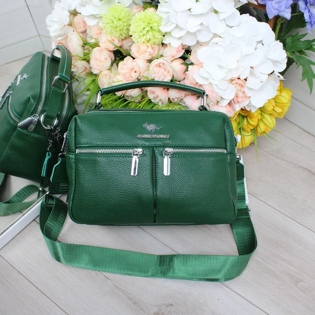 Жіноча зелена сумка з натуральної шкіри на два відділення