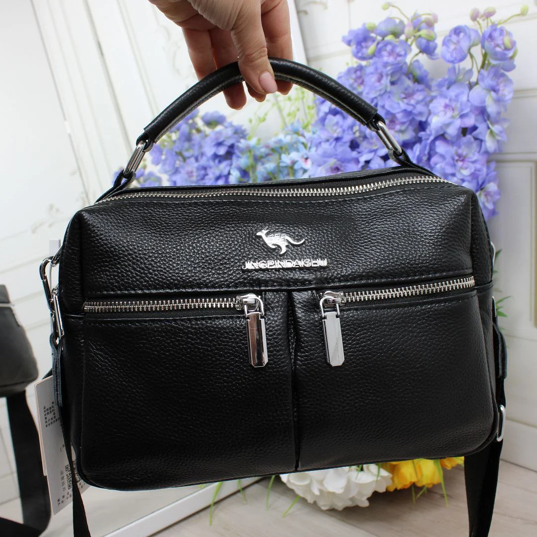 Жіноча чорна сумка з натуральної шкіри з двома відділеннями