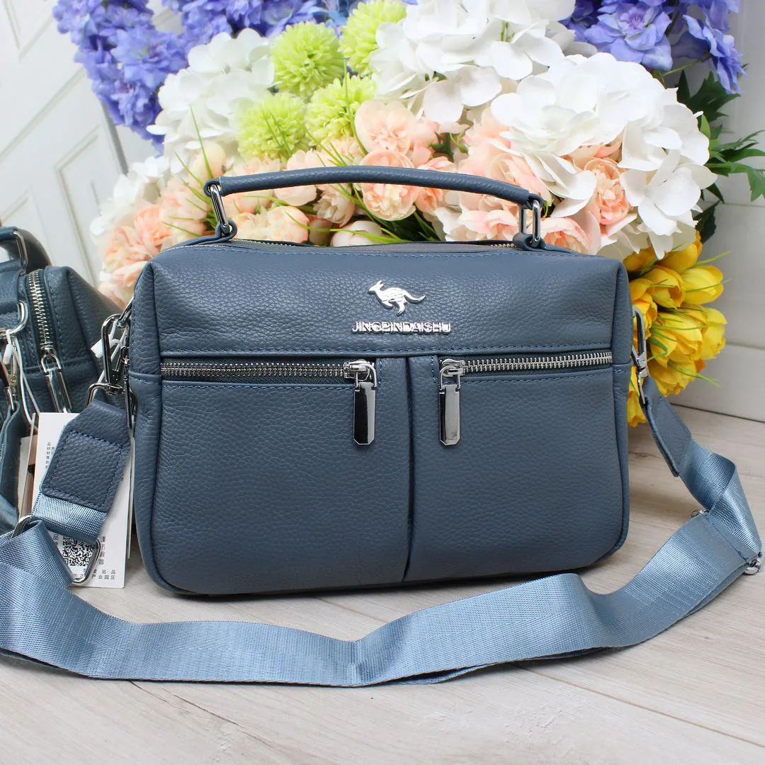 Жіноча сумка з натуральної шкіри кольору джинс на два відділення