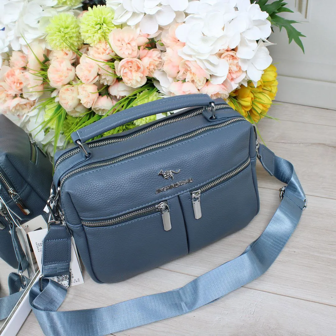 Жіноча сумка з натуральної шкіри кольору джинс на два відділення