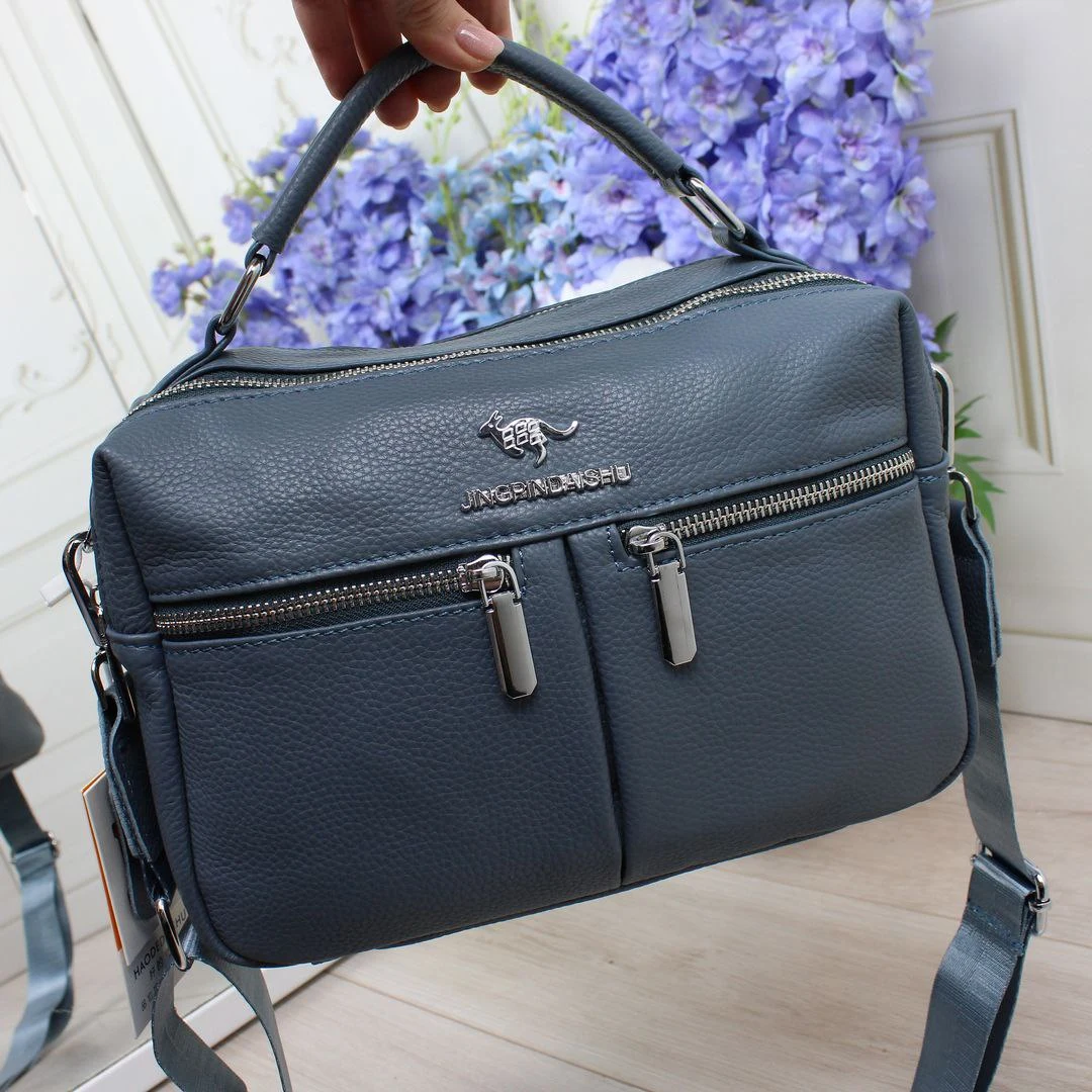 Жіноча сумка з натуральної шкіри кольору джинс на два відділення