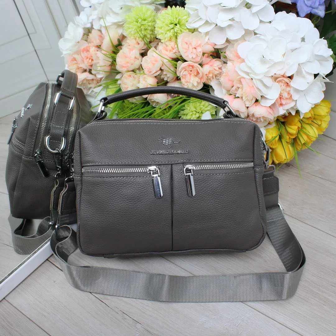 Жіноча графітова сумка з натуральної шкіри на два відділення