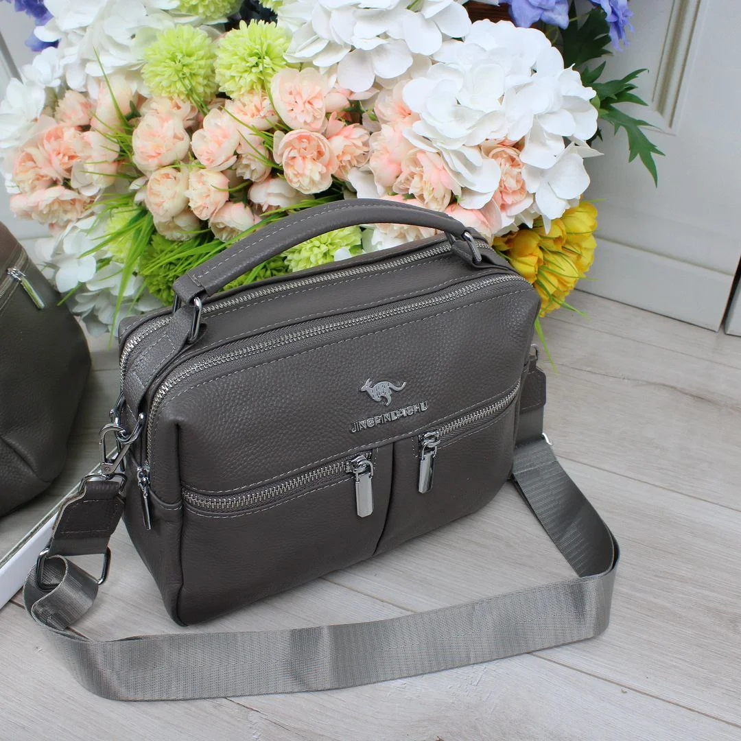 Жіноча графітова сумка з натуральної шкіри на два відділення