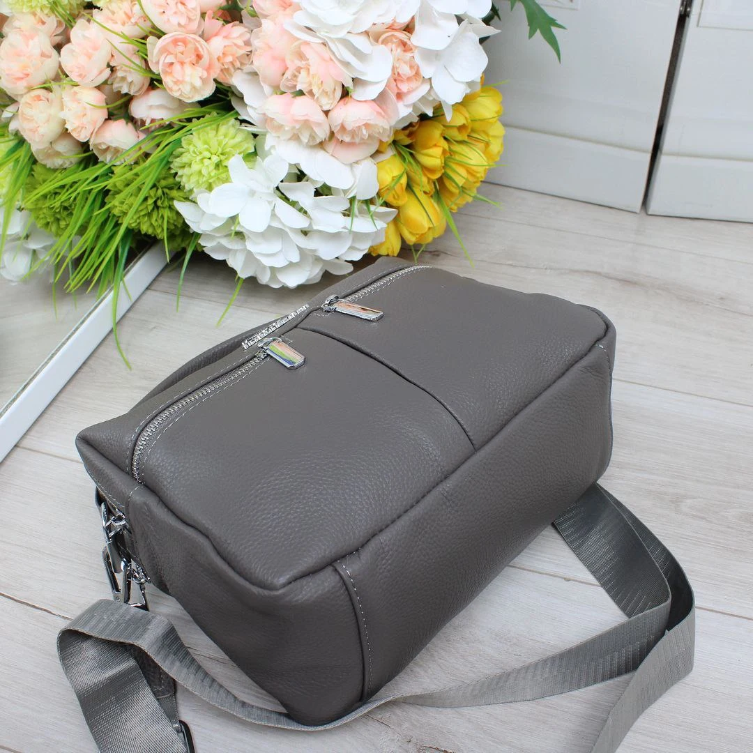 Жіноча графітова сумка з натуральної шкіри на два відділення