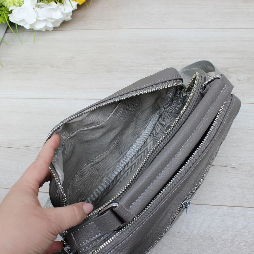 Жіноча графітова сумка з натуральної шкіри на два відділення