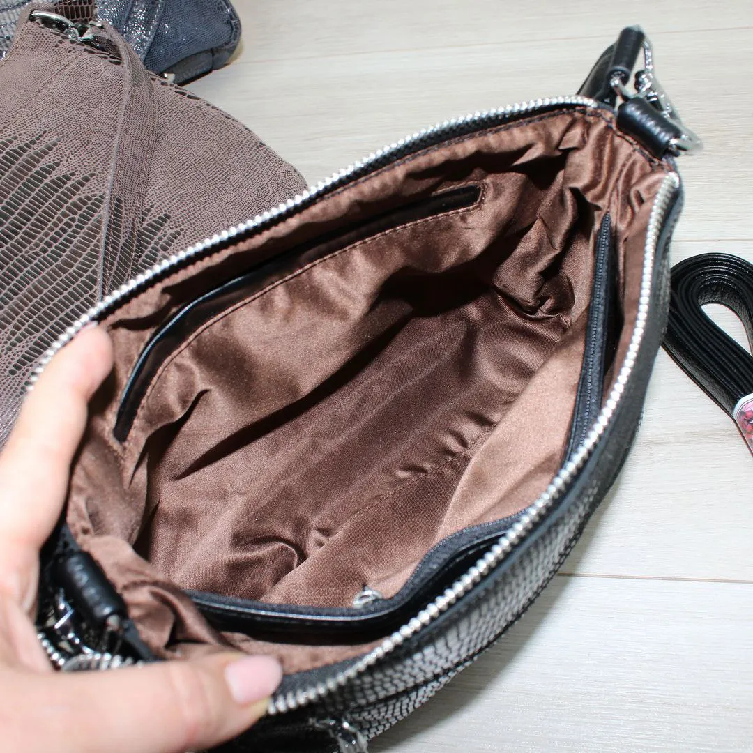 Жіноча чорна сумочка з натуральної лазерної шкіри через плече крос-боді