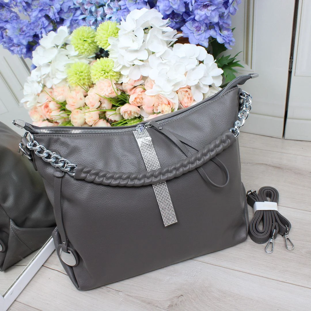 Жіноча сумка-мішок сіра для офісу з відділенням А4 з еко-шкіри