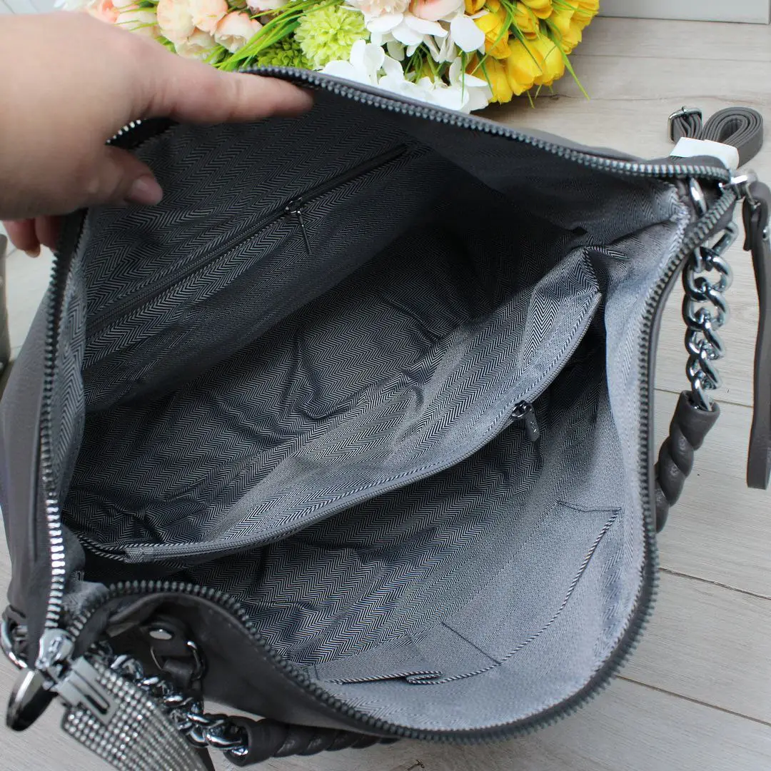 Жіноча сумка-мішок сіра для офісу з відділенням А4 з еко-шкіри